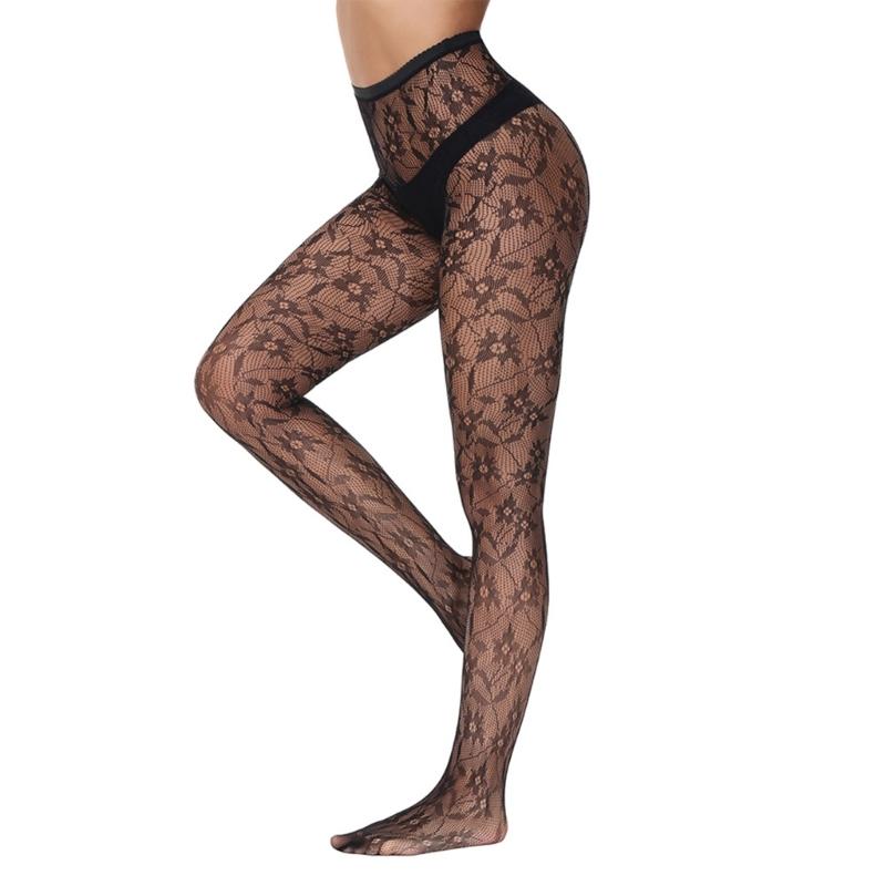 Elegant Hollowout Fishnet Stockings with Flower Pattern Aesthetic Black Sheer Mesh Tights Pantyhose for Women Hosiery