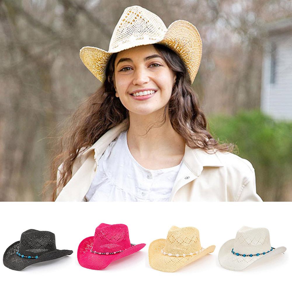 Cu Bor Modelabil Pălărie Western Cowgirl cu Garnitură Inimioare Mărgelate Pălărie de Plajă pentru Femei