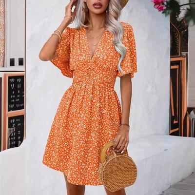 Letnia Nowa Sukienka Casualowa z Nadrukiem z Dekoltem w Serek i Krótkim Rękawem Kobiety Wysoka Talia Kwiatowa Plisowana Elegancka Sukienka Kobieta Moda Slim Fit Sukienki Vintage 24560