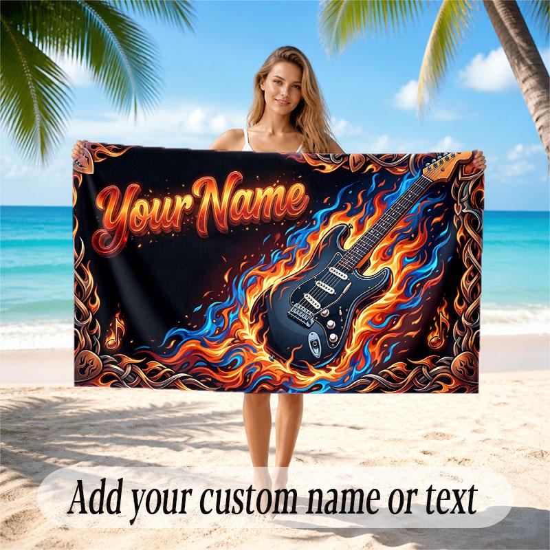 Music Guitar Theme Beach Towel Personalized Custom Name & Text Soft Quick Dry Beach Towel for Swimming Travel
