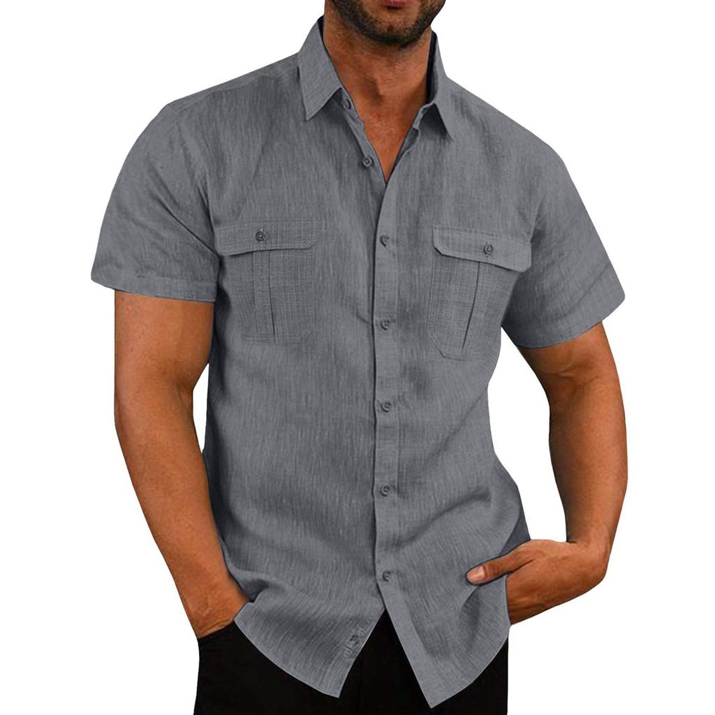 Men's Linen Short Sleeved Casual Shirt Collarless Standing Collar Summer Top