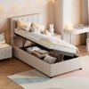 Kinder Polsterbett 90x200 cm, Hydraulisches Bett mit Stauraum, Hautfreundliches Leinen Hohes Boxspringbett, Beige
