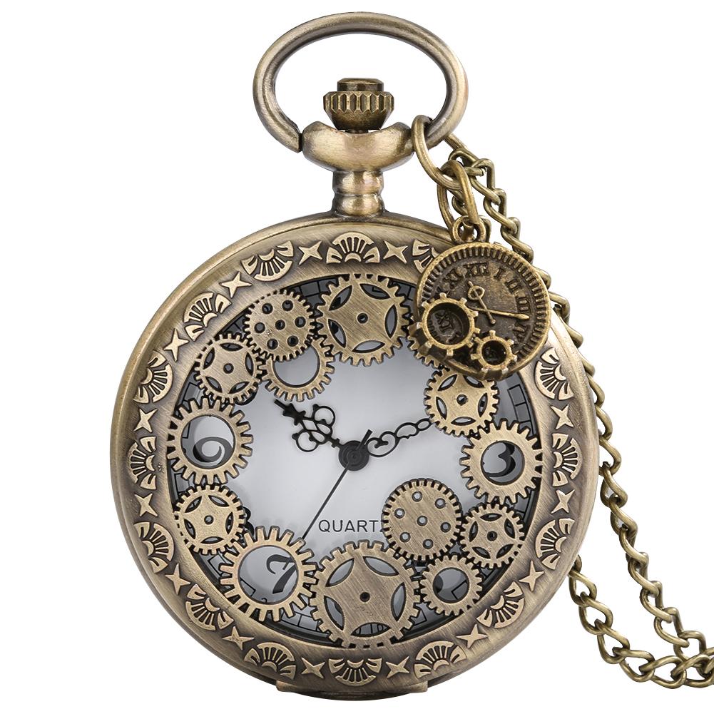 Antique Copper Steampunk Vintage Hollow Bronze Gear Hollow Quartz Pocket Watch Necklace Pendant Clock Chain Men's Women Gift