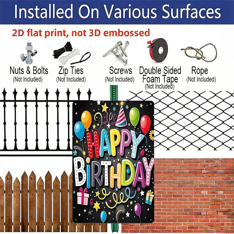 2D Flat, 1pc Colorful "Happy Birthday" Balloon & Gift Metal Wall Art Sign - 8*12 Inch Aluminium Fun Party Decor, Black Background Festive Plaque