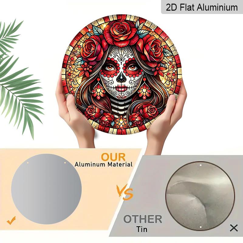 2D Flat, 1pc Round Aluminum Hanging Sign, Day of the Dead Sugar Skull Lady Red Rose Tiffany Stained Glass Mosaic Metal Wall Decor, Durable Retro