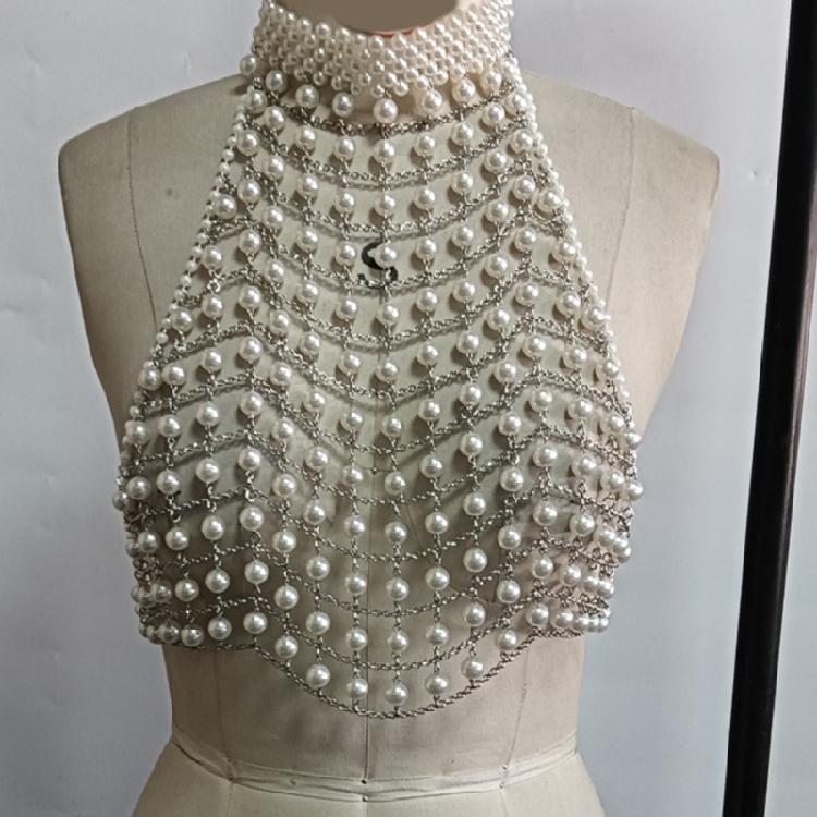 Pearls Body Chain Bra Multilayer Pearls Chest Chain Body Accessories Jewelry for Women Nightclub Raves Body Jewelry