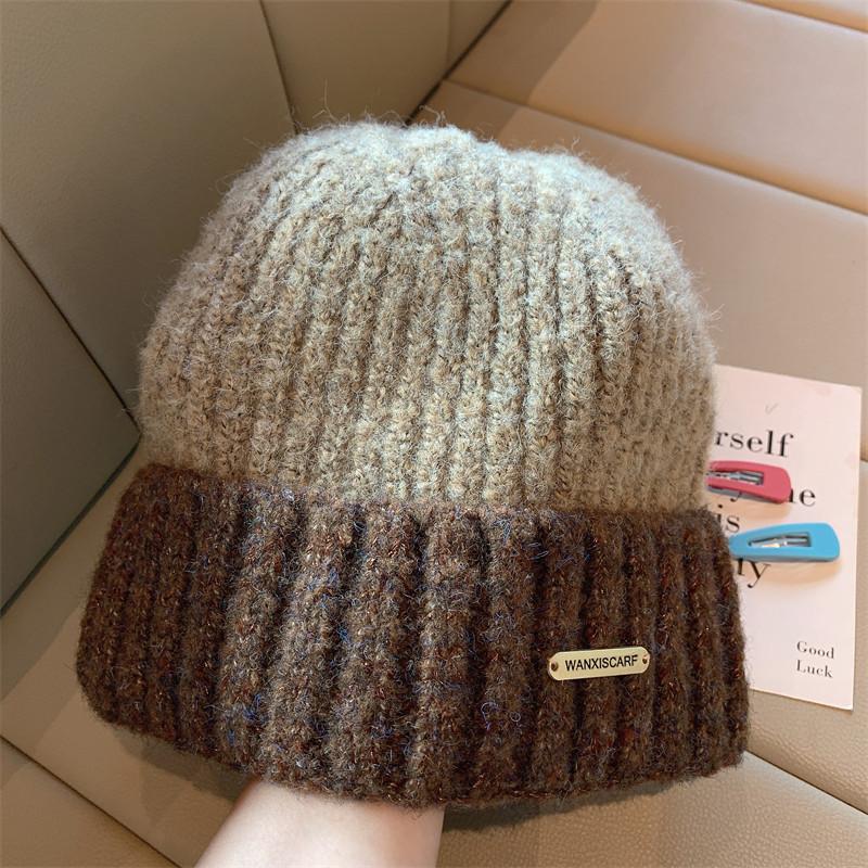 Hat Women's Rough Knitted Wool Hat Autumn and Winter Versatile Big Head Circumference Color Matching Loose Ins Trendy Face Small Headhat