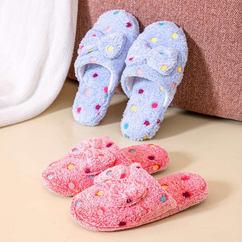 Autumn and winter polka dot bow home thermal cotton slippers Korean version indoor home wooden floor cotton slippers