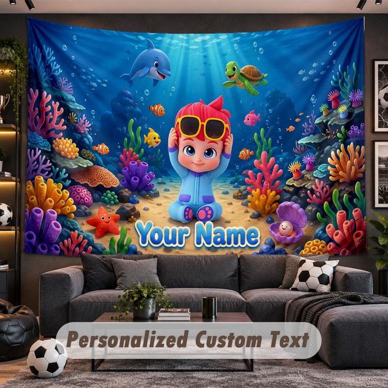 Wall Hanging Tapestry Custom NameBaby Shark Pattern Personalized Printed Fabric Wall Decor