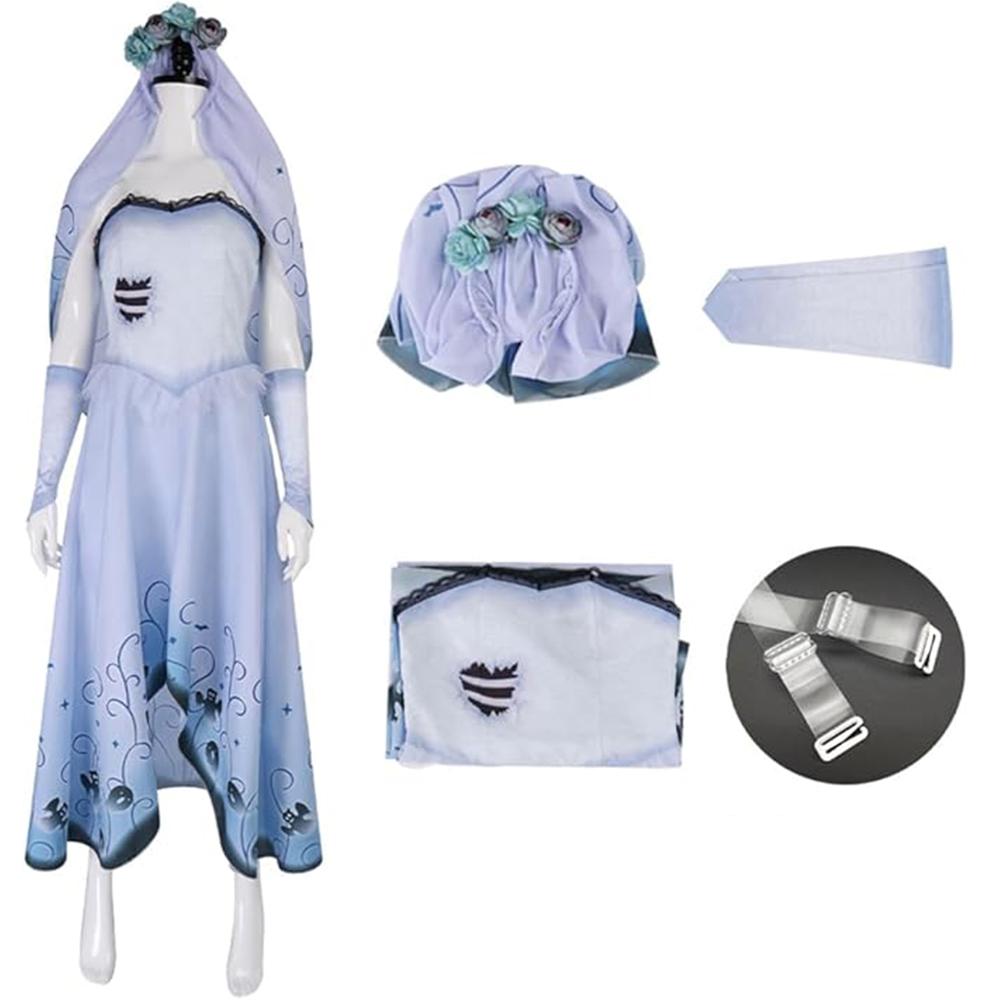 Women Bride Emily Cosplay Wedding Dress Corpse Emily Costume Dress Wig Veil Ghost Bride Suit for Halloween Party