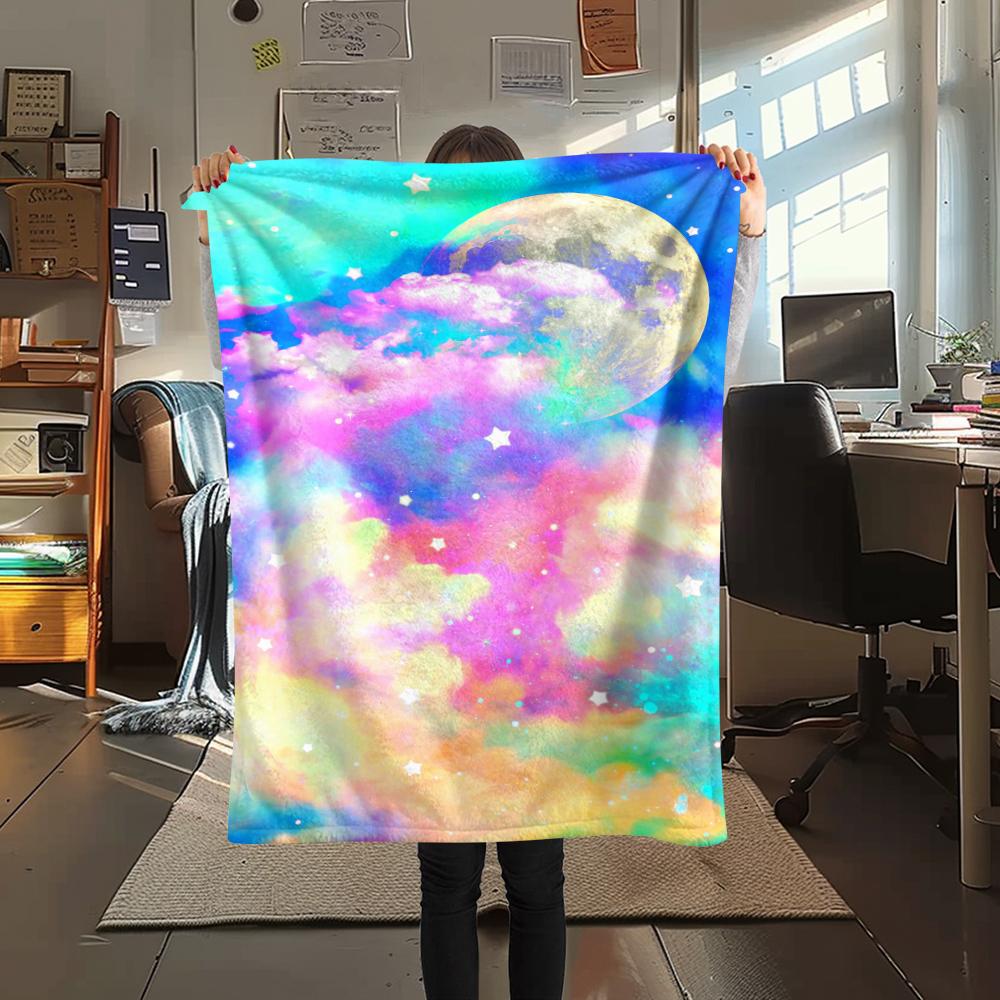 1Pc Galaxy Moon Print Flannel Blanket, High quality Comfortable for All Seasons, Home Decor, Warmth and Comfort, Perfect for Gifts