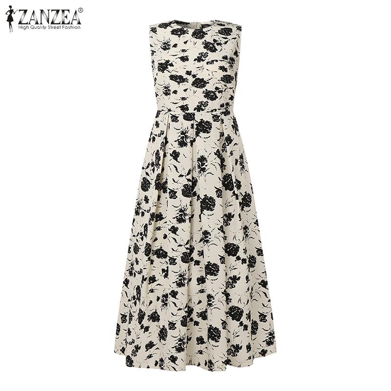 ZANZEA Women Summer Round Neck Holiday Casual Sleeveless Print Dress