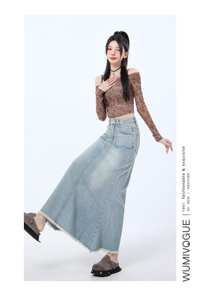 Women's High-Waisted Denim Fishtail Midi Skirt - Vintage Style, Raw Hem, Spring 2025