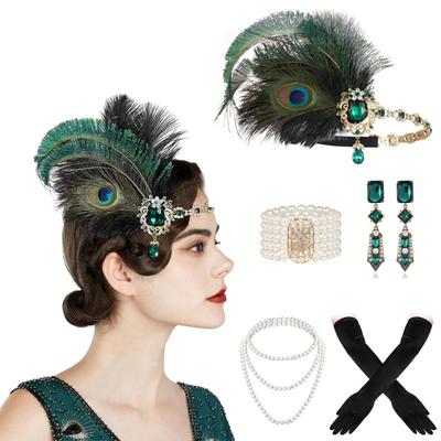 Western 1920s Peacock Feather Headdress Headband Gatsby Party Masquerade Halloween Women's Set Elegant Essential