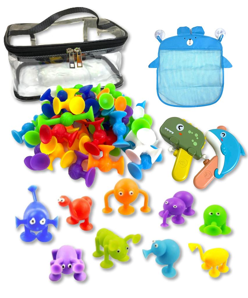 Petapon Suction Cup Toy Bath Time Fun Set: 52 Block Pieces, Animal Design, 2 Water Guns, Cute Bath Net Included. A New Kind of Block Set That Can Be