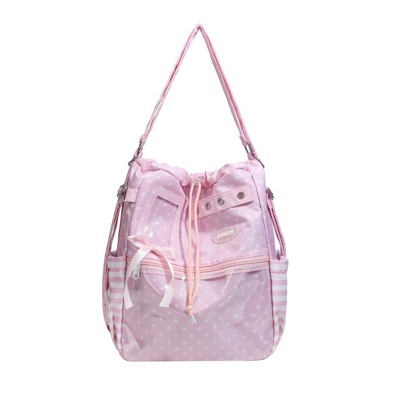 Y2k Ita Bag Large Capacity Tote Bag Star Dot Print Japanese Backpack Girl Srtiped Pocket Drawstring College Student Shoulder Bag