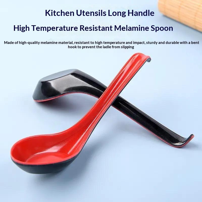 2Pcs Japanese Style Melamine Red Black Soup Spoon Long Handle Simulated Ceramic Ramen Spoon Drop-Resistant Heat-Resistant