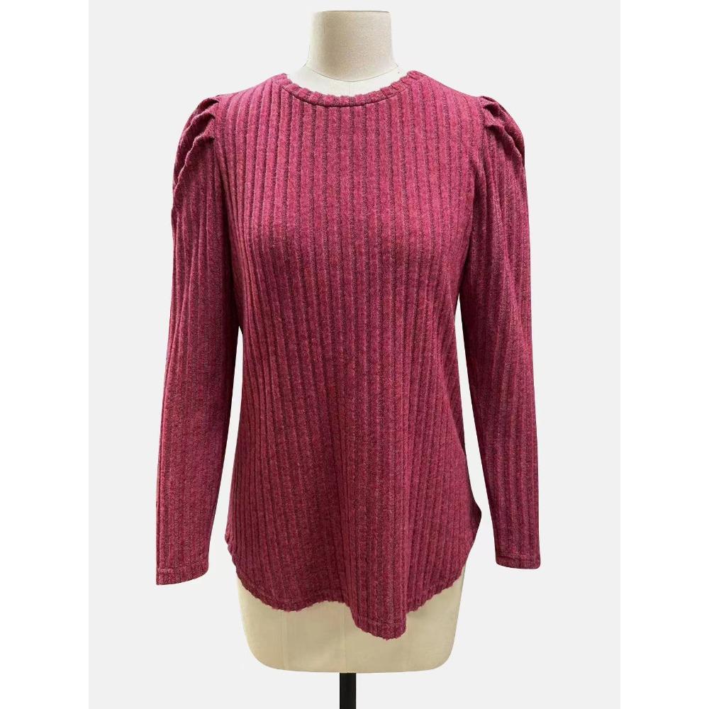 Women's Round Neck Bubble Sleeve Brushed Pit Stripe Solid Color Top Long Sleeved T-shirts