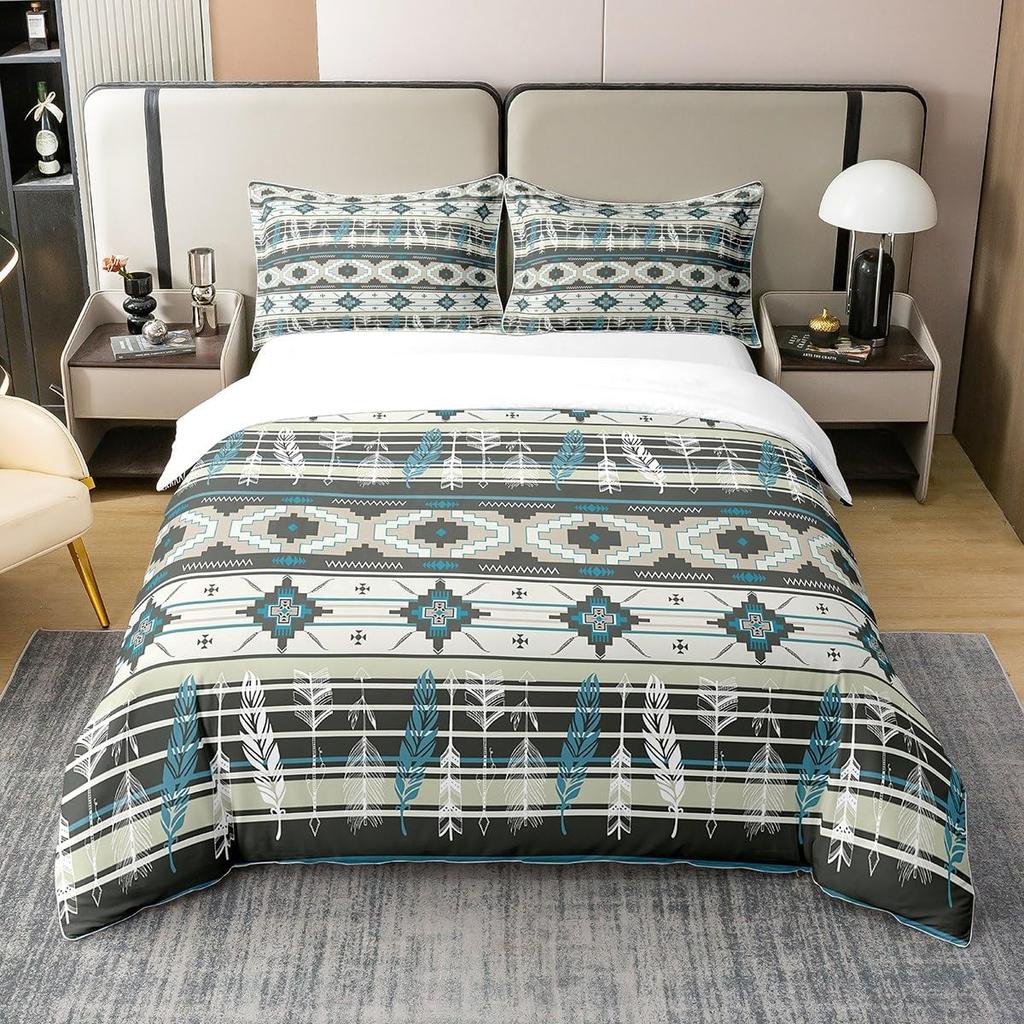 Western Duvet Cover,Exotic Bohemian Native Indian Tribal Quilt Cover,Vintage Geometric Triangle Boho Bedding Set with Pillowcase