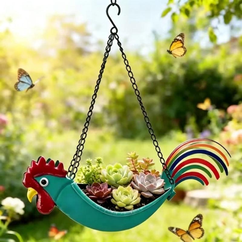 Iron Hanging Flower Pot Colorful Rooster Planter with Wide Planting Container and Chain System for Off-Floor Flower Displays on Patios and Porches