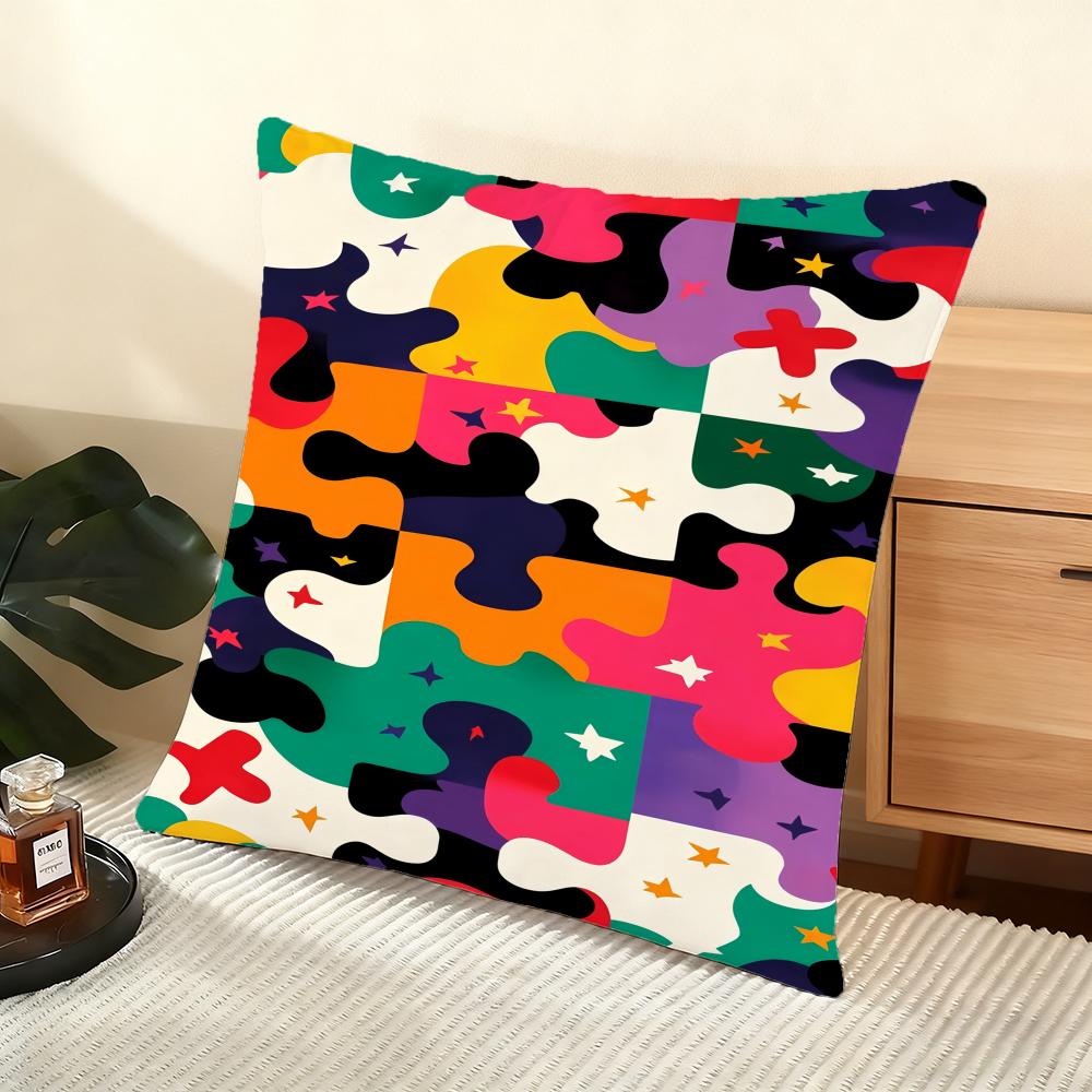 Federa Cuscino con Fantasie Puzzle Morbida in Peluche Corto Copricuscino Liscio Accogliente Estetica Custodia Cuscino Arredo Casa