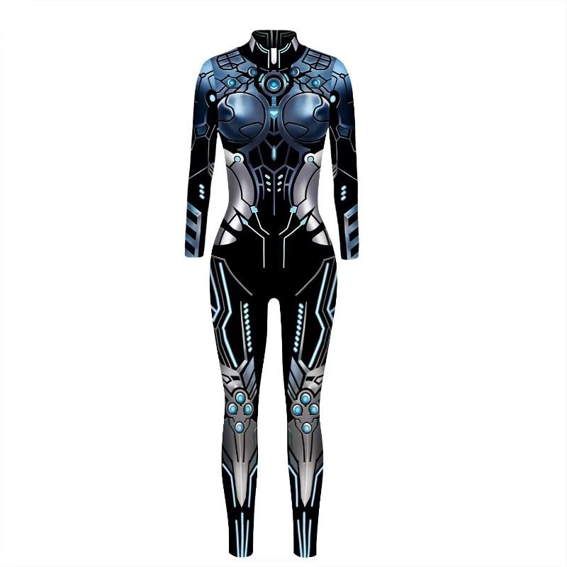Women Skeleton Robot 3D Printing Bodysuit Zipper Back Halloween Costume Full Body Bodysuit Womens Body Suits Tops Dress