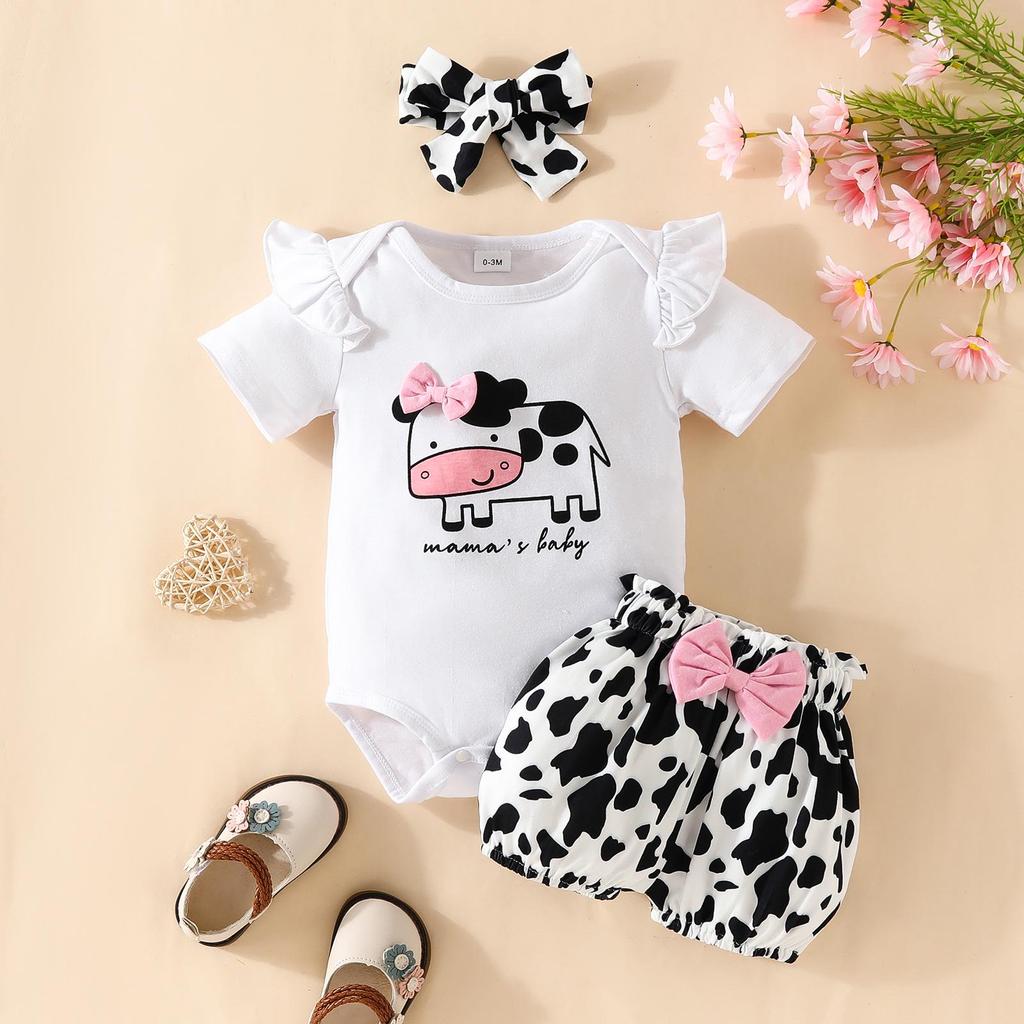Baby Girl Summer Romper & Shorts Set - "Letter" Top with Belted Flower Pants