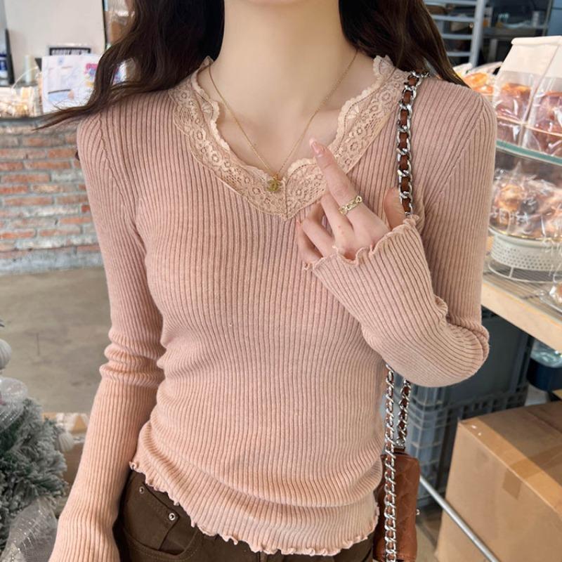 Fashion V Neck Lace Splice Knitted Bottoming Shirt Women's Elegant Casual New Slim Fitting Top Elegant Solid Color Sweet Long Sleeve Clothing