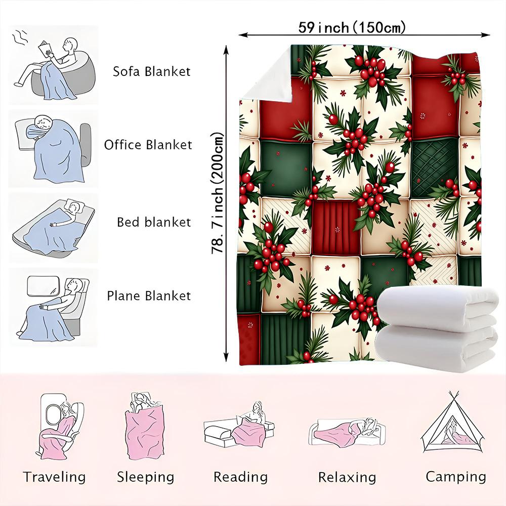 1PC Christmas Holly Berry Print Blanket-Made of soft, fluffy flannel, perfect for a sofa, bed or lounge chair. Ideal for holiday