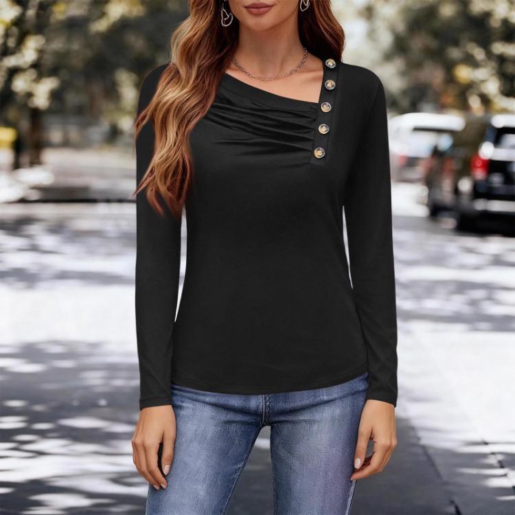 Top da Donna in Seta di Latte a Maniche Lunghe alla Moda Casual con Collo Asimmetrico e Bottoni T-shirt