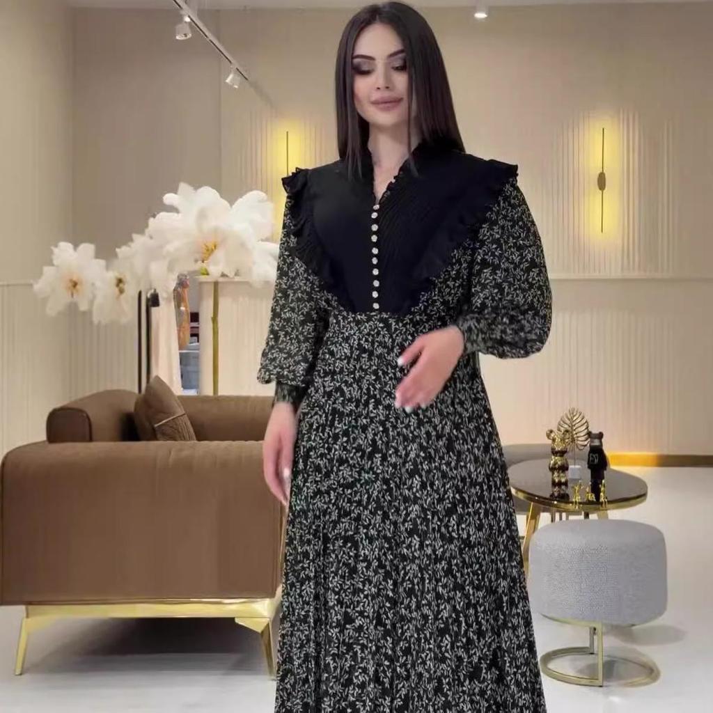 Autumn 2024 Retro Floral Color Block Dress with Turn-Down Collar and High Waist