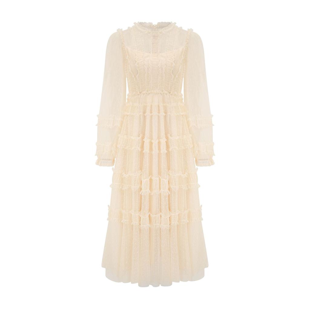 Neues Rundhals-Langarmkleid Taillenbetonendes Feenkleid Brautjungfernkleidung Schwesterkleidung Mittellanges und Langes Kleid