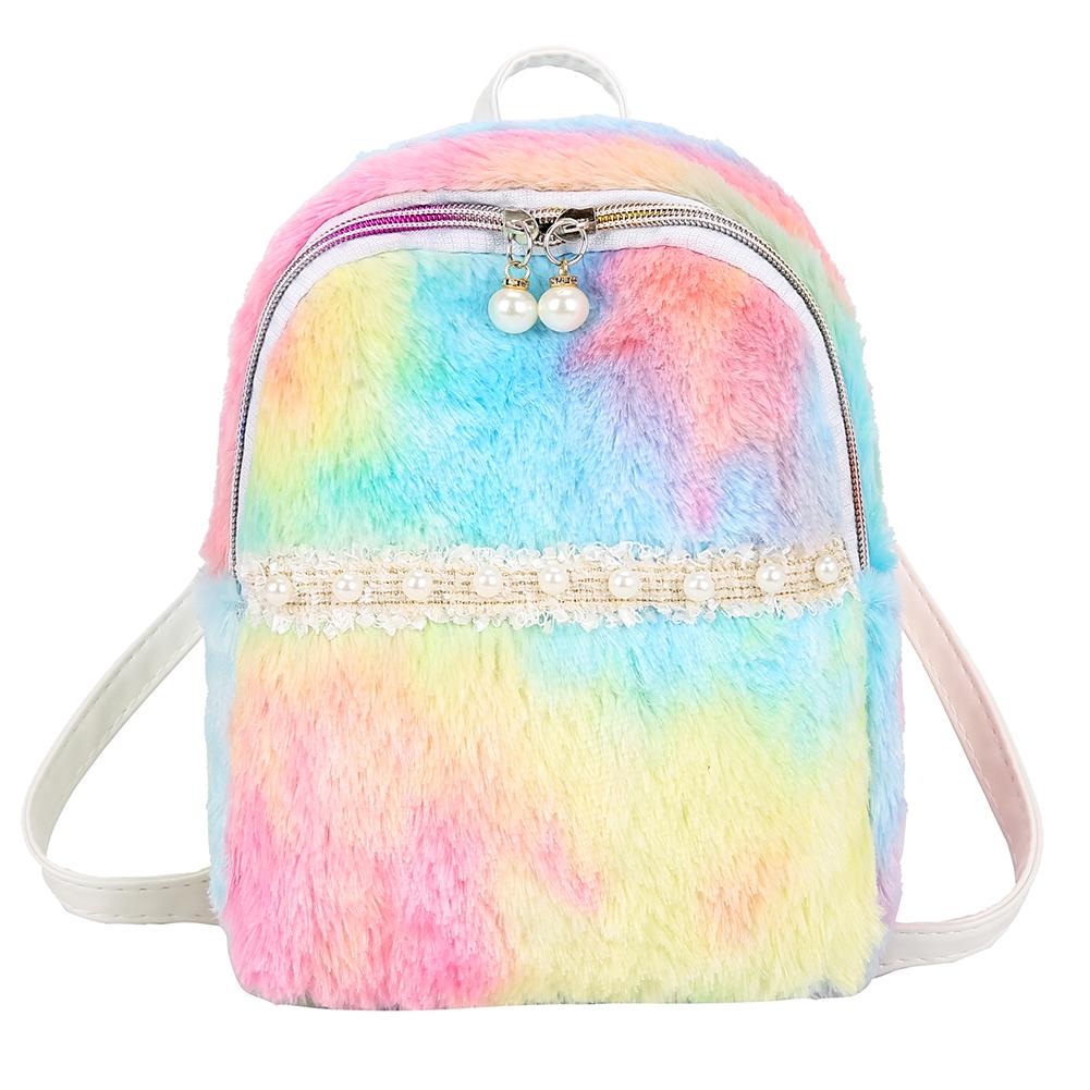 Colorful Plush Backpack Women Pearl Schoolbag Kids Lovely Mini Knapsack Satchel