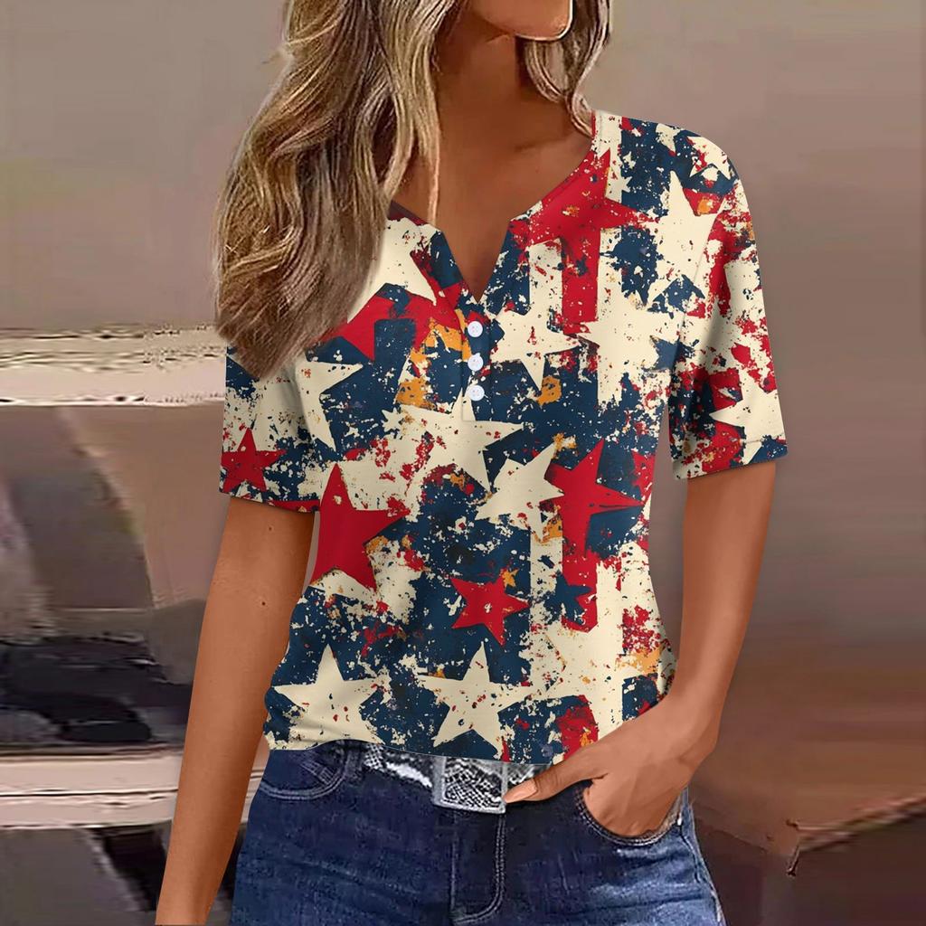 Women's Fashion Casual Independence Day Print V-neck Short Sleeve Decorated Button T-shirt Top