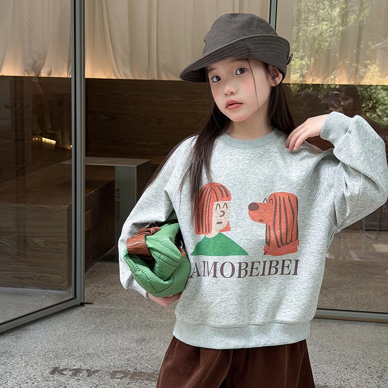 Kids Girls Cute Cartoon Print Casual Loose Round Neck Long Sleeve Pullover Sweatshirt