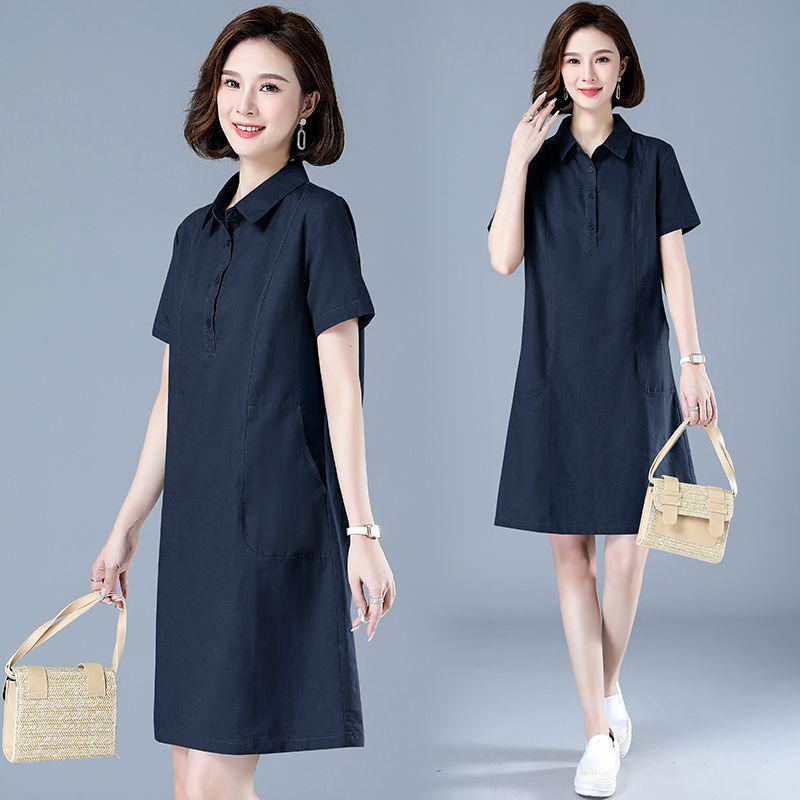 Women's Summer Cotton & Linen Slimming Shirt Dress Set - Short Sleeve, Straight Skirt, Lapel Design, 2025 Collection