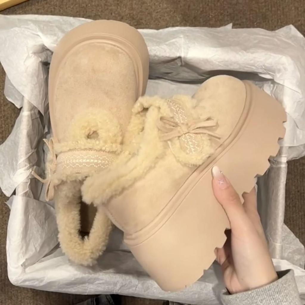 Wear bow-tied cotton shoes outside, winter platform cotton shoes, thick soles are high, warm and high snow fluffy shoes are high