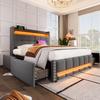 Upholstered Bed 160*200 Cm with LED Lighting USB Socket, Headboard with Shelves and Storage Space with 4 Drawers, Double Bed for Adults, Linen Grey