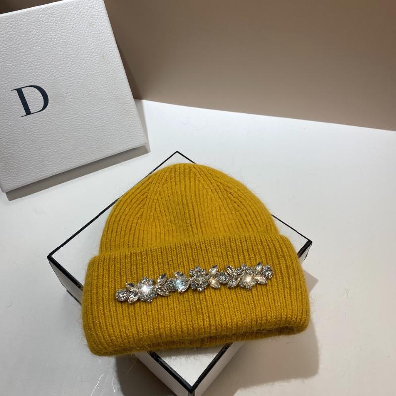 2024Mode Damen Wintermütze Echtes Kaninchenfell Gestrickte Mützen Diamanten Blume Damen Freizeit Hüte Warme Wolle Skullies Beanies
