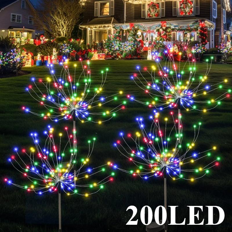 60/90/150/200 LED Solar Fireworks Lights Outdoor Decorative Multicolor Starburst Waterproof Lamps with 8 Modes for Garden Path