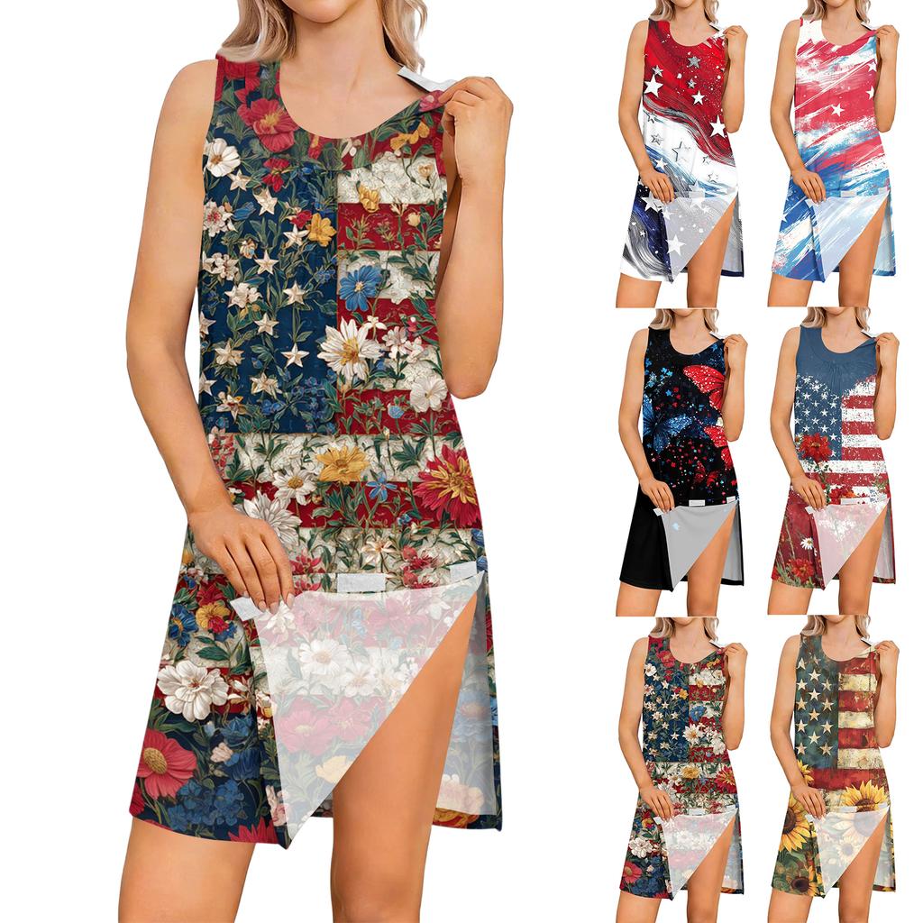 Sleeveless Independence Day Print Dress for Women Post Shoulder Surgery Easy Tear Design Lightweight Comfortable Fit Casual Summer Dress