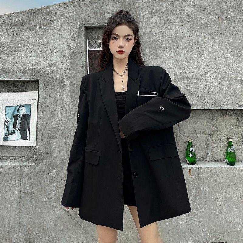 Cappotto Premium Nero Oversize dal Design Unico per Donna, Blazer Top Chic Street Fashion Taglia Piccola con Sensazione di Alta Gamma