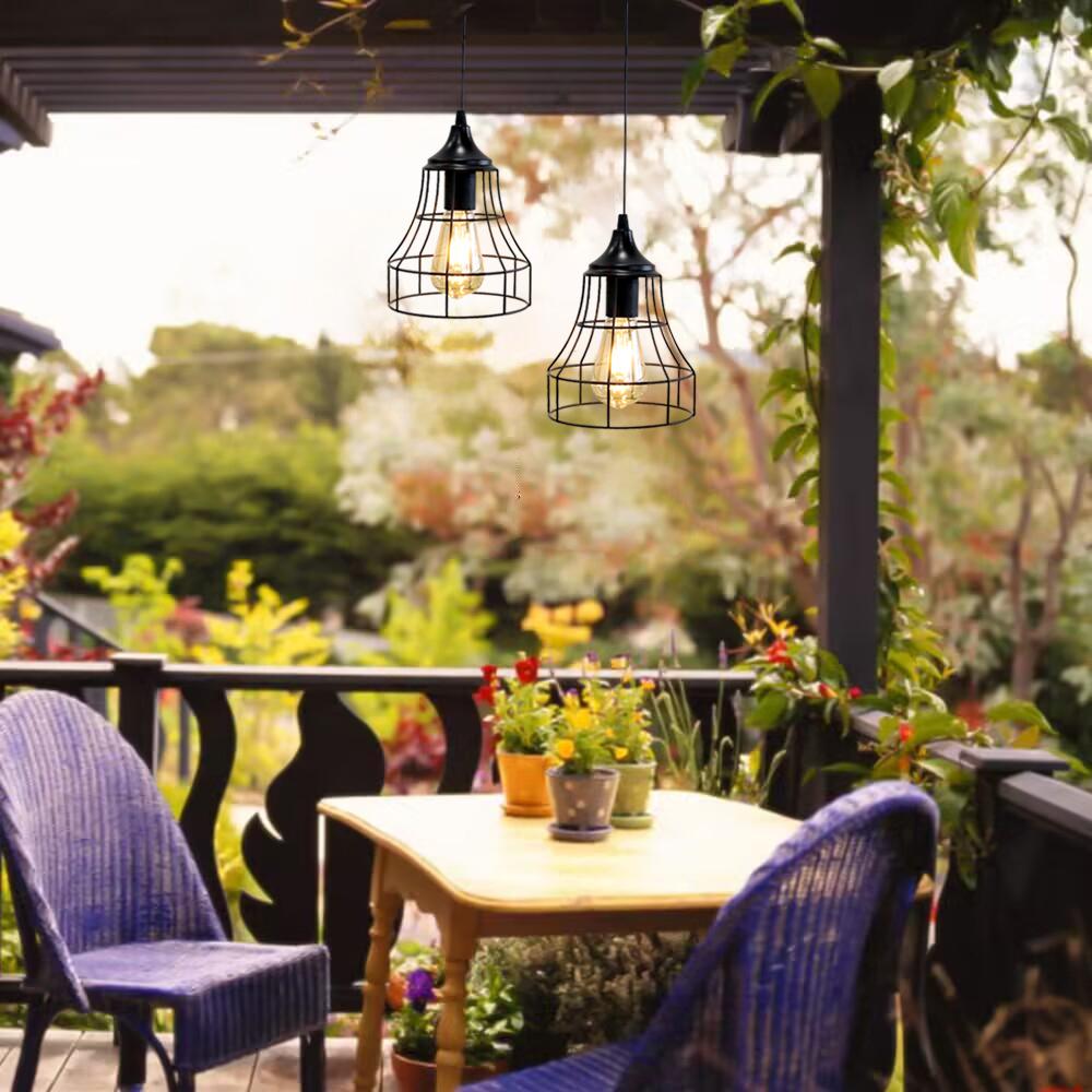 Black Metal Cage Hanging Battery Powered Lamp Pendant Light with 6 Hours Timer for Bar Bedroom Garden Parties Patio