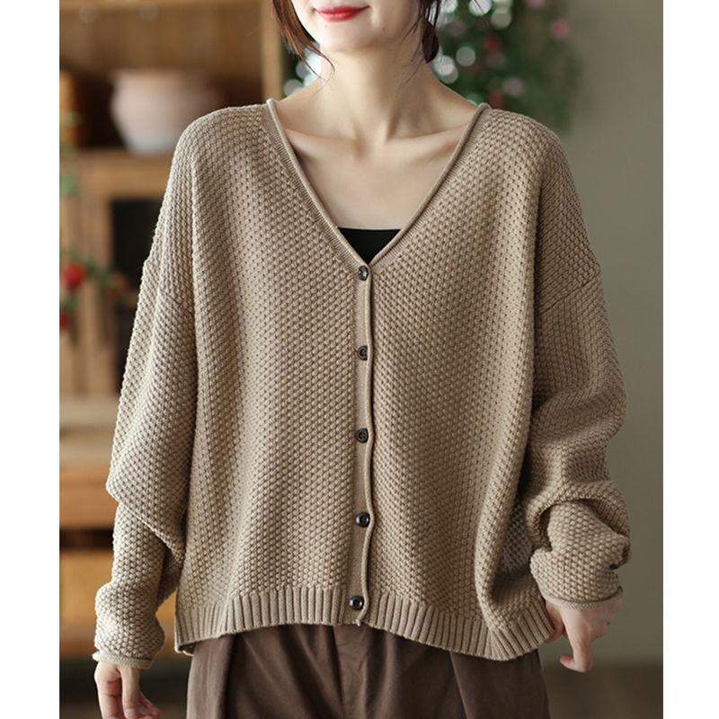 Plus Size Women's Autumn Winter Sweaters Vintage Knitted Cardigan V-neck Full Sleeved Sweater Loose Casual Tops