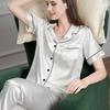 Ice Silk Women's Pajama Set - Short Sleeve, Long Pants, Faux Silk, Lapel Cardigan, Solid Color, Spring/Summer