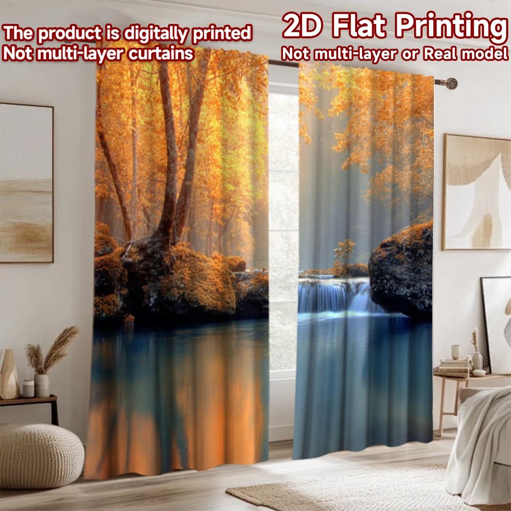2D Flat Printing 2pcs Window Treatment Curtains Autumn Waterfall Nature Scenic Digital Printed Polyester Drapes Seasonal Party &