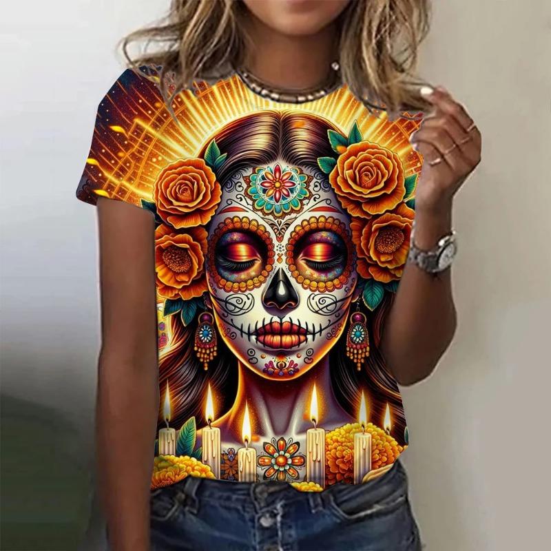 Damen T-Shirt für Mädchen Sommer Kurzarm Lässig Mode Sexy Mädchen Kleidung Horror Untote Schädel Muster Übergroße T-Shirts
