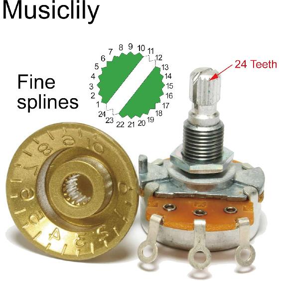 Musiclily Pro HD A250K Full Brass Inch Sized Fine 24-Spline Split Shaft Pot Audio Taper Potentiometers for Electric Guitar Bass (Set of 3)