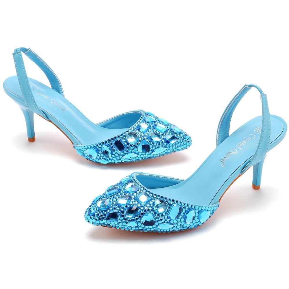 7cm Shallow Tipped Sandals Colored Rhinestone Slim Heel Sandals Large Size Wedding Shoes Bride Wedding Banquet Full Diamond Shoes