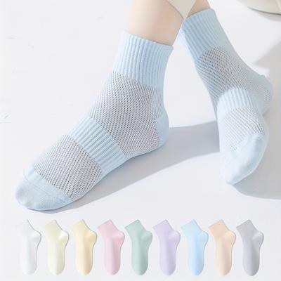 5 Pairs Solid Pastel Socks, Simple & Breathable Short Socks, Women's Stockings & Hosiery